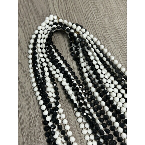 VTG LONG Multi Strand Faceted Glass Necklace Beaded Black White Gold Tone Link - Picture 6 of 8